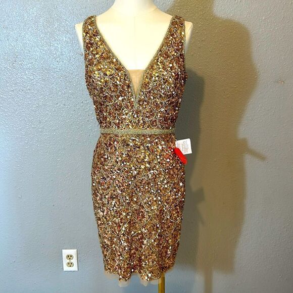 NWT Mag Duggal women’s light copper sequined bodycon mini dress size 6 - Picture 4 of 13